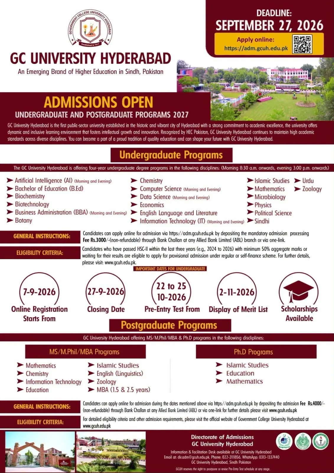 Click to view admission details Government College University Hyderabad (GCU Hyderabad) Admission Notice Fall Admission 2026
