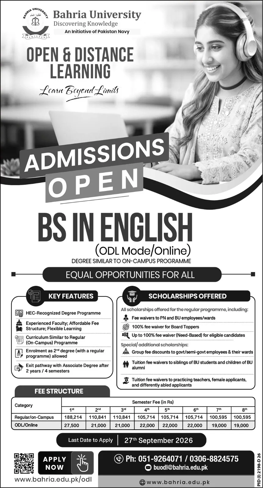 Bahria University Islamabad (BU) Admission Notice BS English Admissions 2026