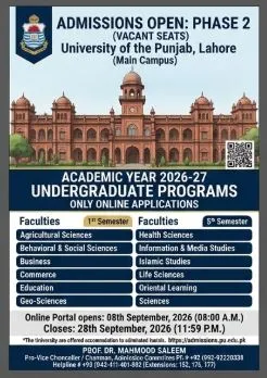 University of the Punjab, Lahore Admission Notice Phase II Fall 20206