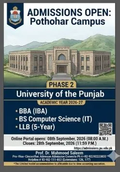 Click to view admission details Punjab University Pothohar Campus Gujar Khan Admission Notice Phase 2 Admission 2026