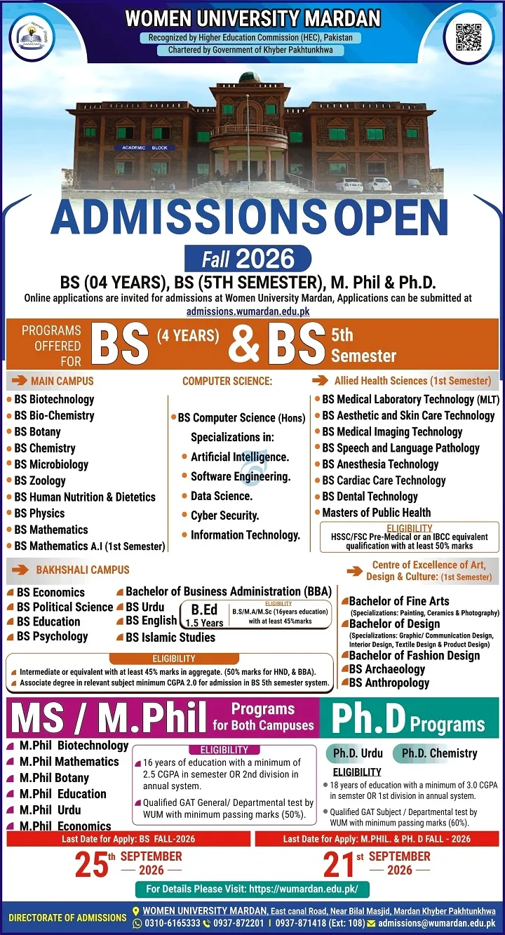Click to view admission details Women University Mardan (WUMurdan) Admission Notice Fall Admissions 2026