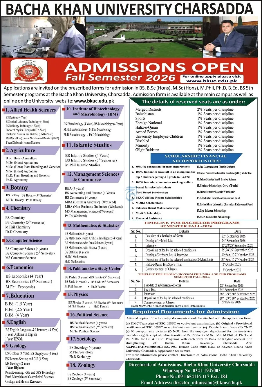 Click to view admission details Bacha Khan University Charsadda (BKUC) Admission Notice Admission Fall 2026