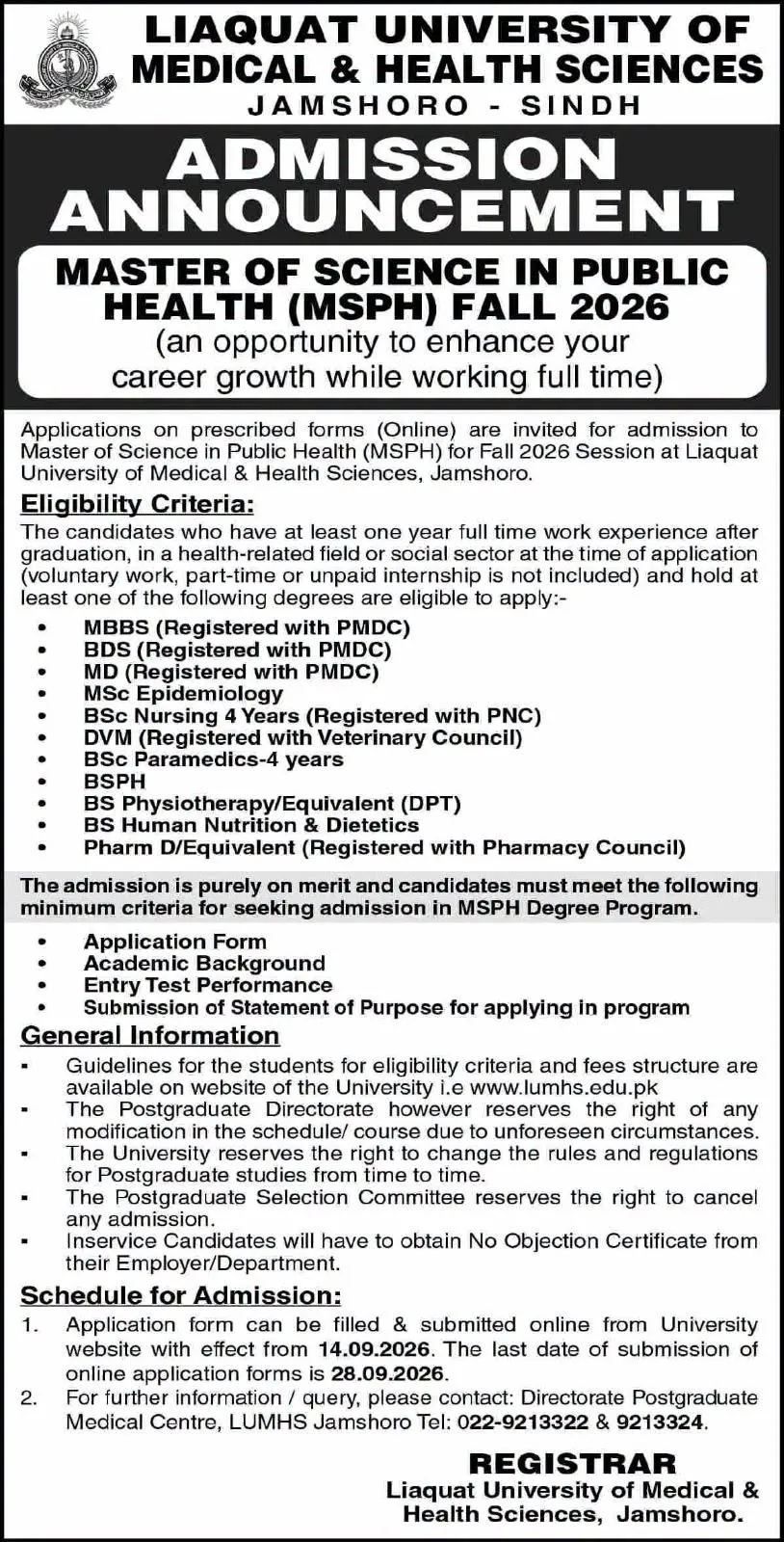 Click to view admission details Liaquat University of Medical & Health Sciences Jamshoro (LUMHS) Admission Notice Admission Fall 2026