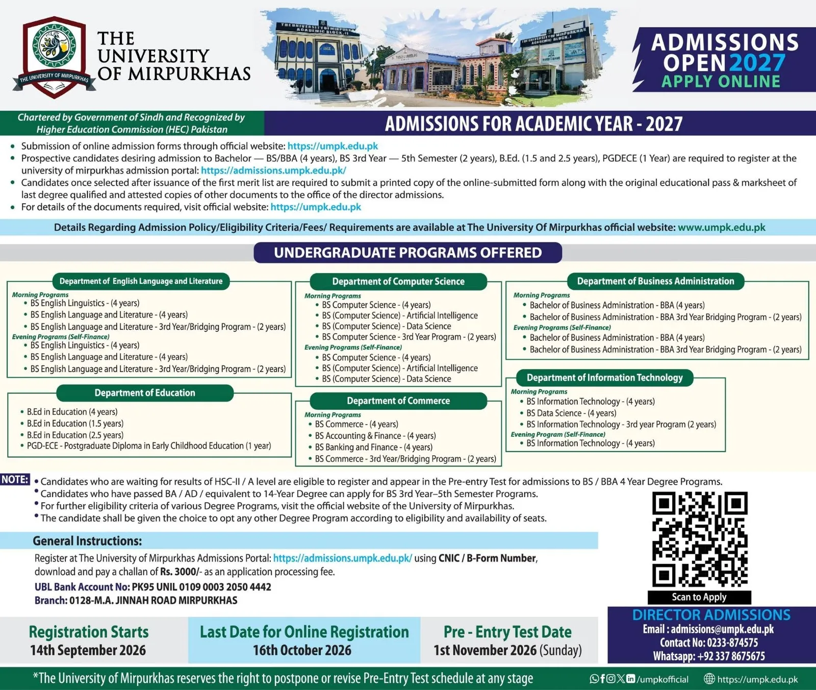 Click to view admission details The University of Mirpurkhas Admission Notice Fall Admission 2026