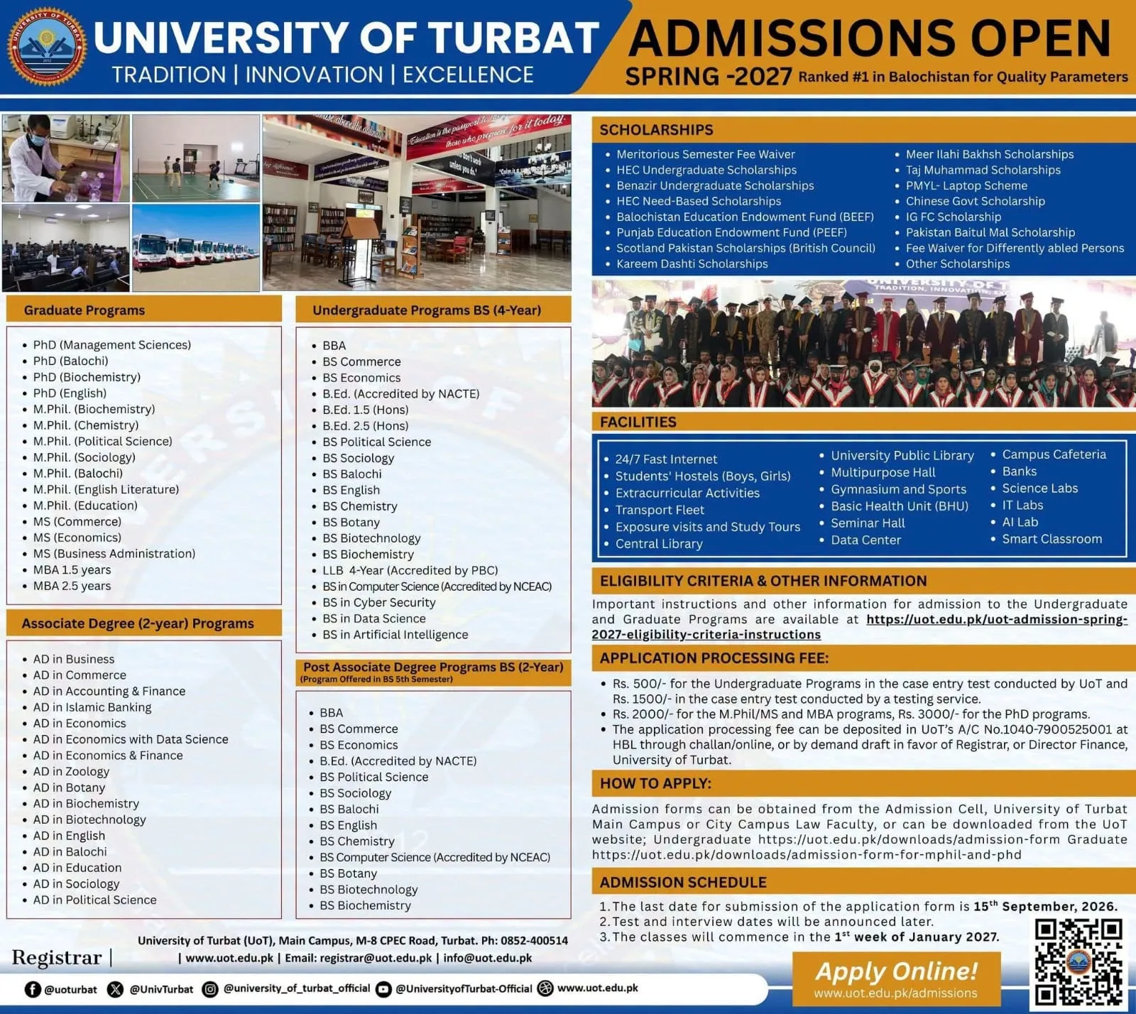 University of Turbat (UoT) Admission Notice Admission Fall 2026
