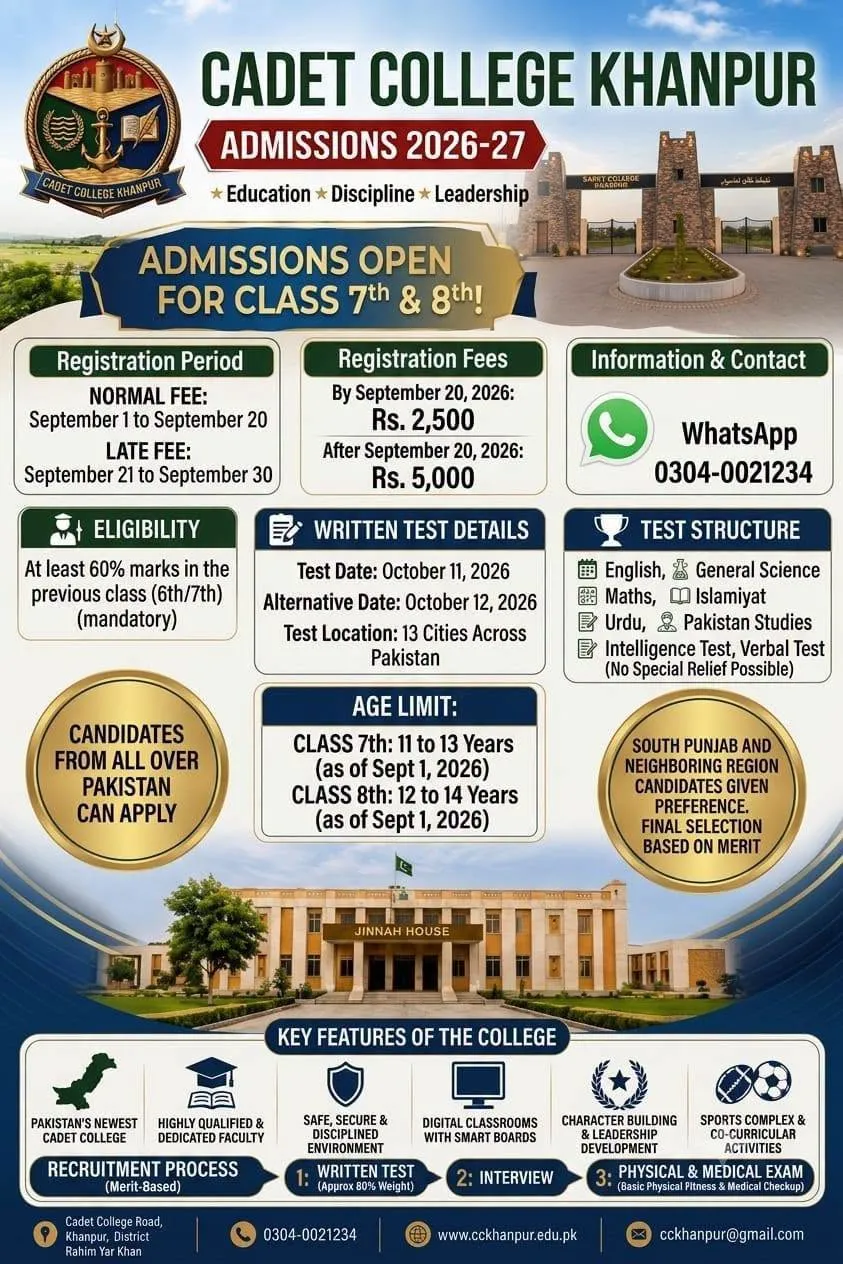 Click to view admission details Cadet College Khanpur Rahim Yar Khan Admission Notice Fall Admission 2026