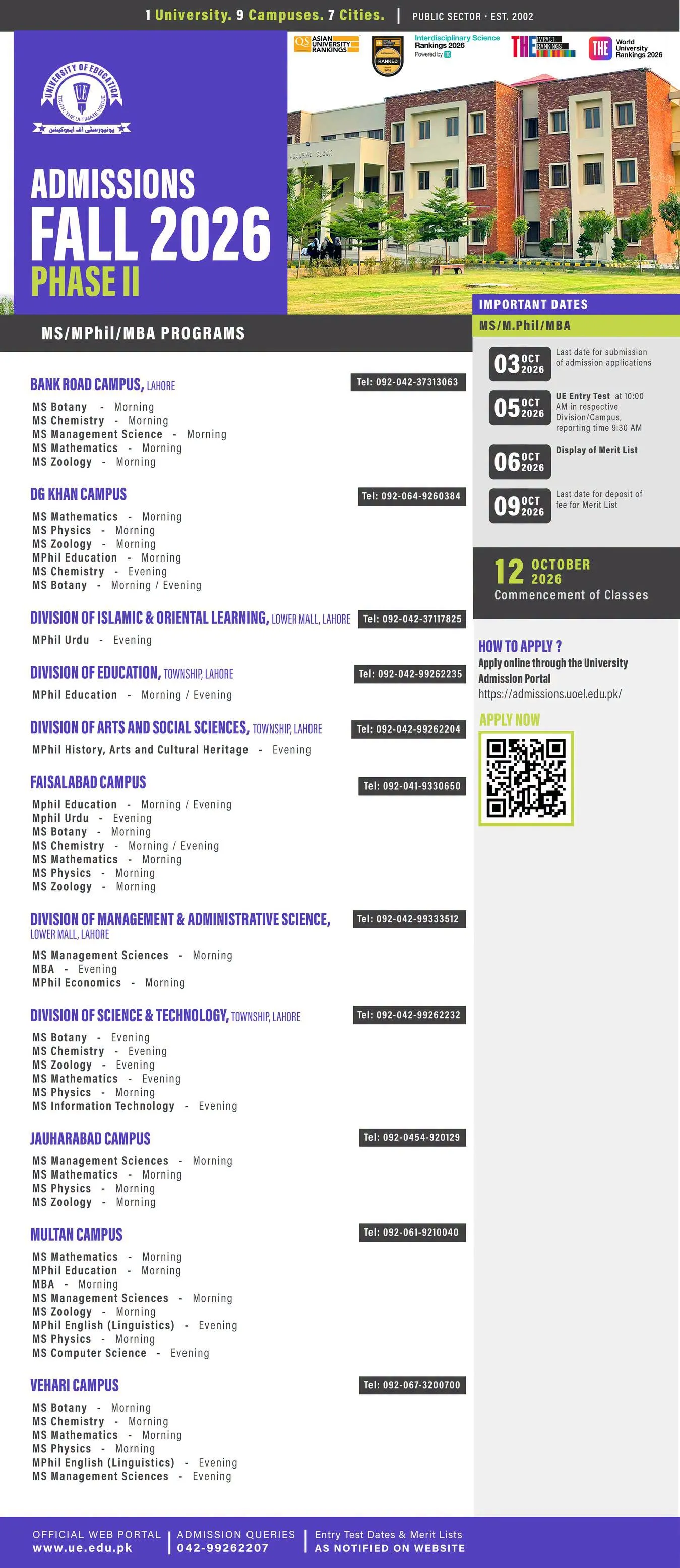 Click to view admission details University of Education Jauharabad Campus Admission Notice Phase II PG Fall 2026
