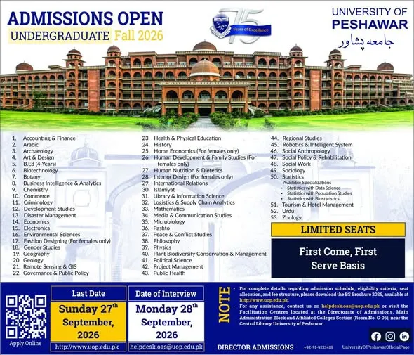 University of Peshawar (UoP) Admission Notice Admissions Fall 2026