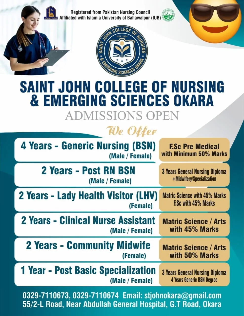 Click to view admission details Saint John College of Nursing and Emerging Sciences Okara Admission Notice BSN Admission Fall 2026