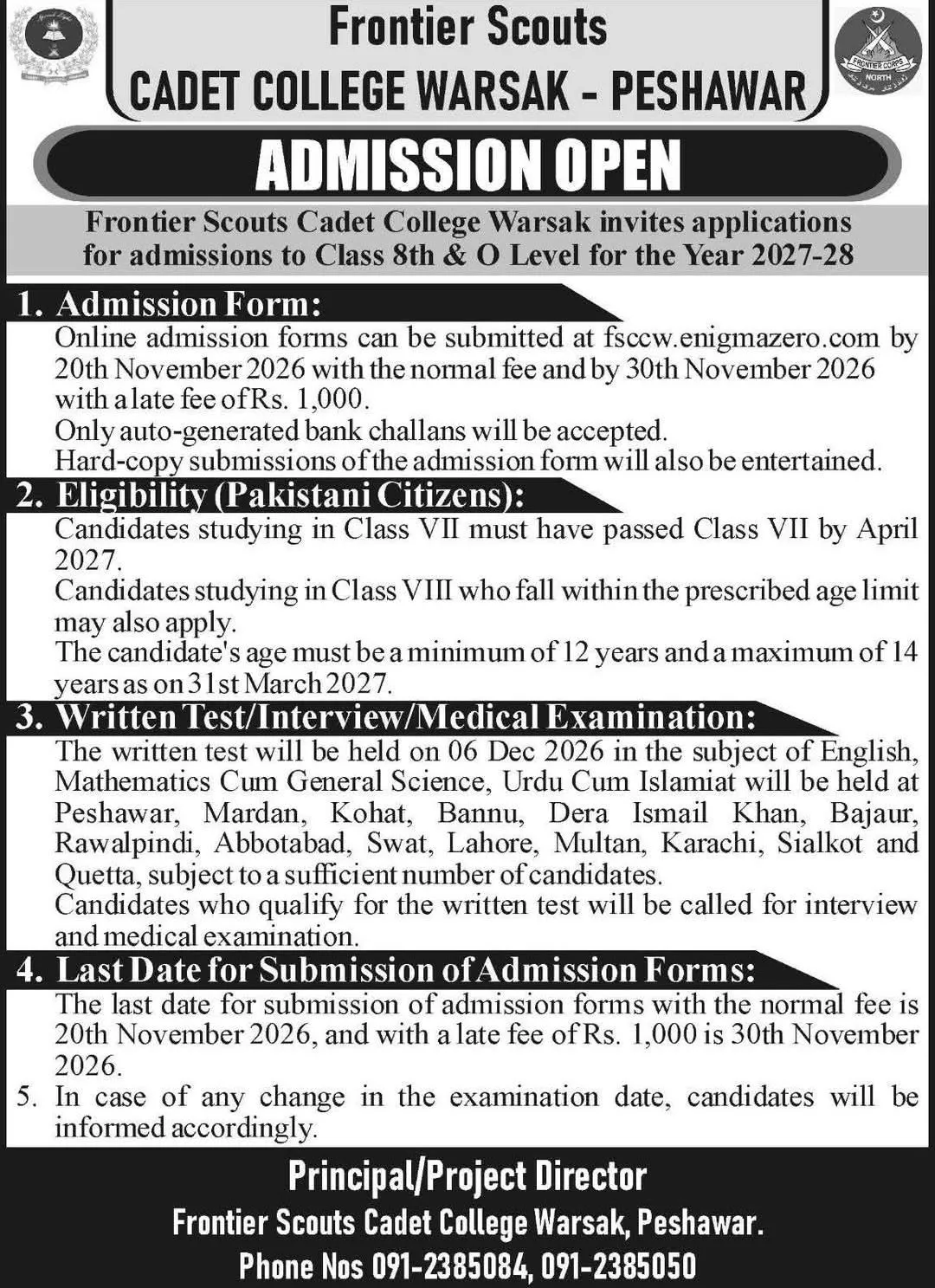 Click to view admission details Frontier Scouts Cadet College Warsak Peshawar Admission Notice Admission Fall 2026