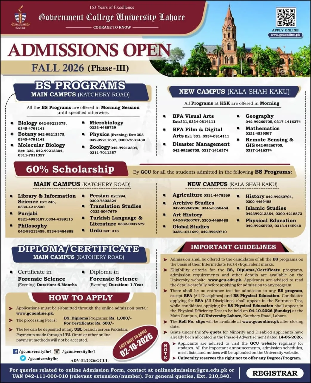 Click to view admission details GCU Lahore Kala Shah Kaku New Campus Admission Notice Phase III Fall Admissions 20206