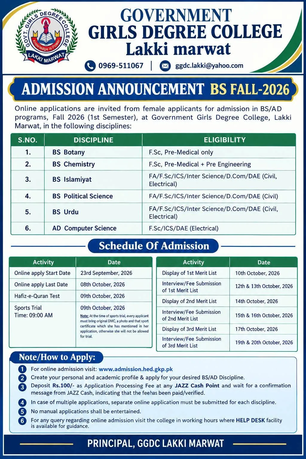 Government Girls Degree College Lakki Marwat Admission Notice Fall Admission 2026