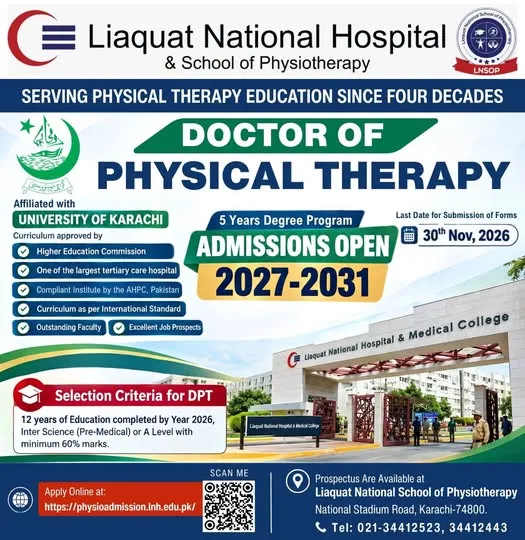 Liaquat National School of Physiotherapy (LNSOP), Karachi Admission Notice Fall Admissions 2026