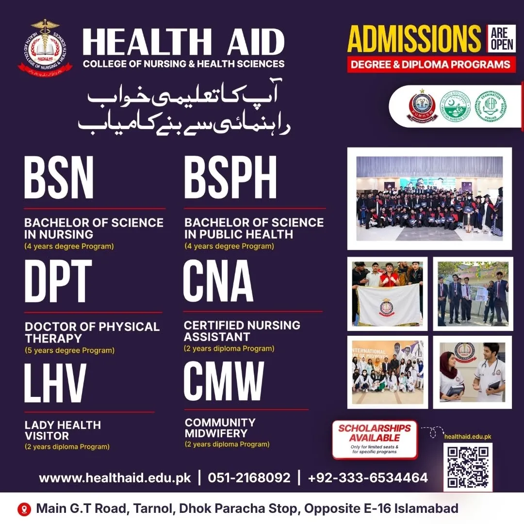 Click to view admission details Health Aid College of Nursing & Health Sciences Islamabad Admission Notice Fall Admission 2026