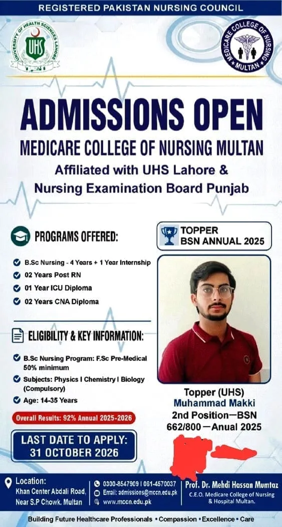 Click to view admission details Medicare College of Nursing Multan Admission Notice Fall Admission 2026