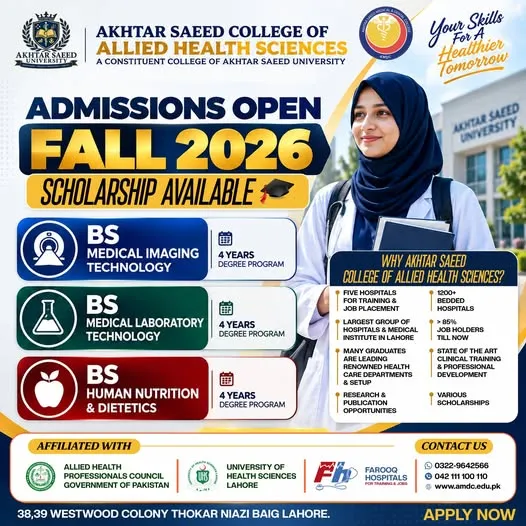 Akhtar Saeed College of Allied Health Sciences Lahore Admission Notice Admission Fall 2026