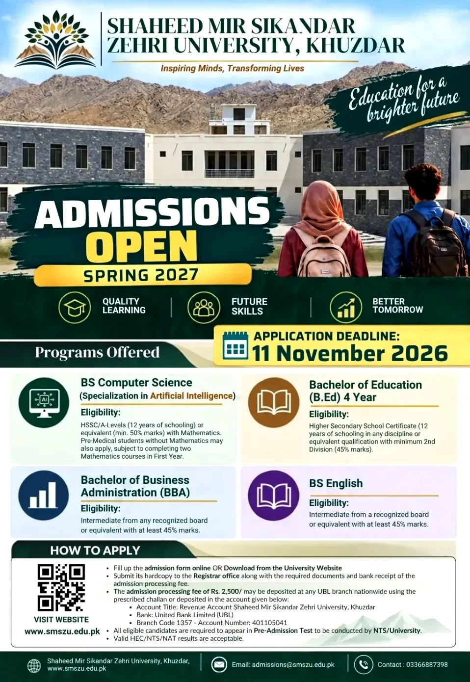 Click to view admission details Shaheed Mir Sikandar Zehri University Khuzdar Admission Notice Fall Admission 2026