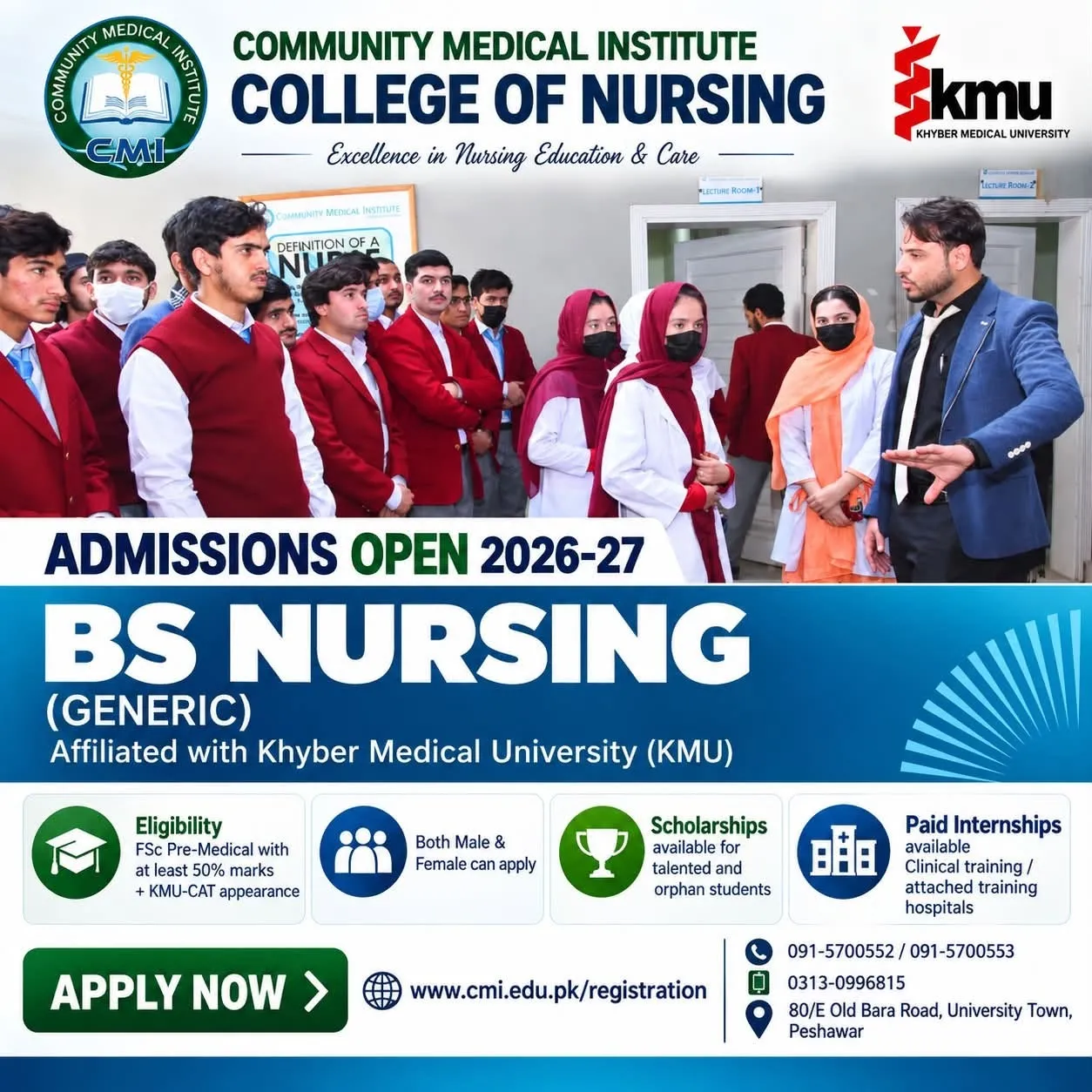 Click to view admission details Community Medical Institute (CMI) College of Nursing Peshawar Admission Notice Admissions Fall 2026