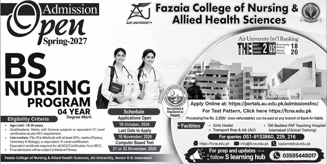 Click to view admission details Fazaia College of Nursing and AHS FCNA Islamabad Admission Notice BSN Fall Admission 2026