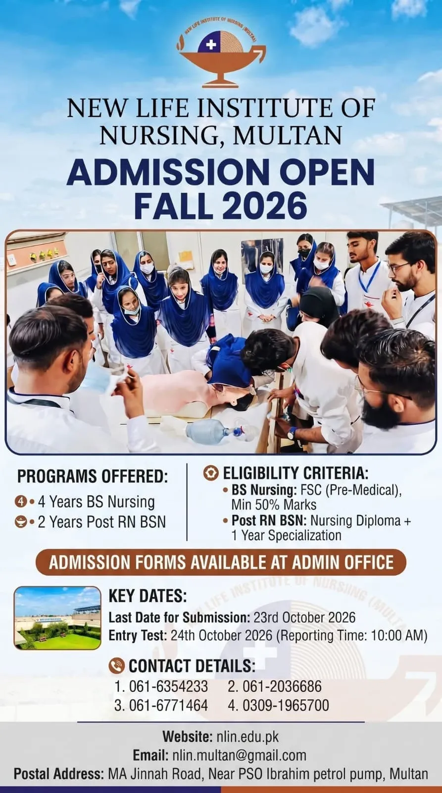 Click to view admission details New Life Institute of Nursing Multan Admission Notice Admissions Fall 2026