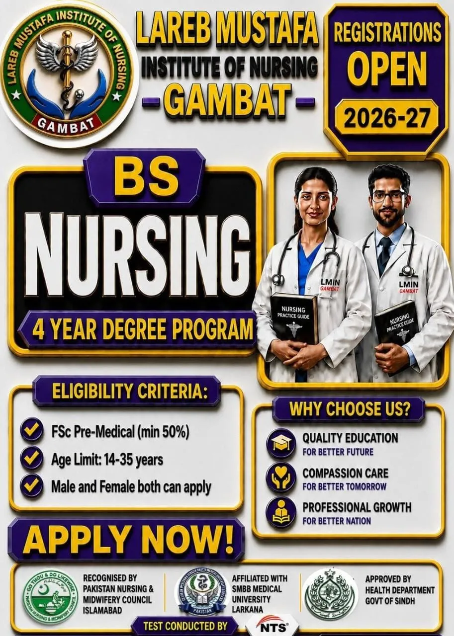 Lareb Mustafa Institute of Nursing Gambat Admission Notice BSN Admission 2026