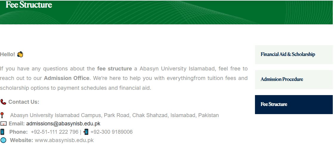 Abasyn University Islamabad ABU (Abasyn) fee structure for BS & MS Admission 2026