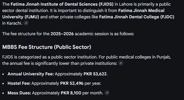Fatima Jinnah Institute of Dental Sciences (FJIDS) MBBS Fee Structure 2026