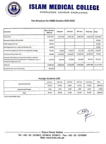 Islam Medical College Sialkot (IMC-ISL) MBBS Fee Structure 2026