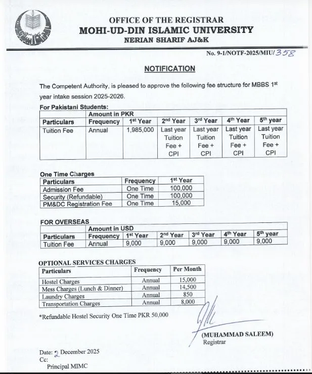 Mohiuddin Islamic Medical College (MIMC) MBBS Fee Structure 2026