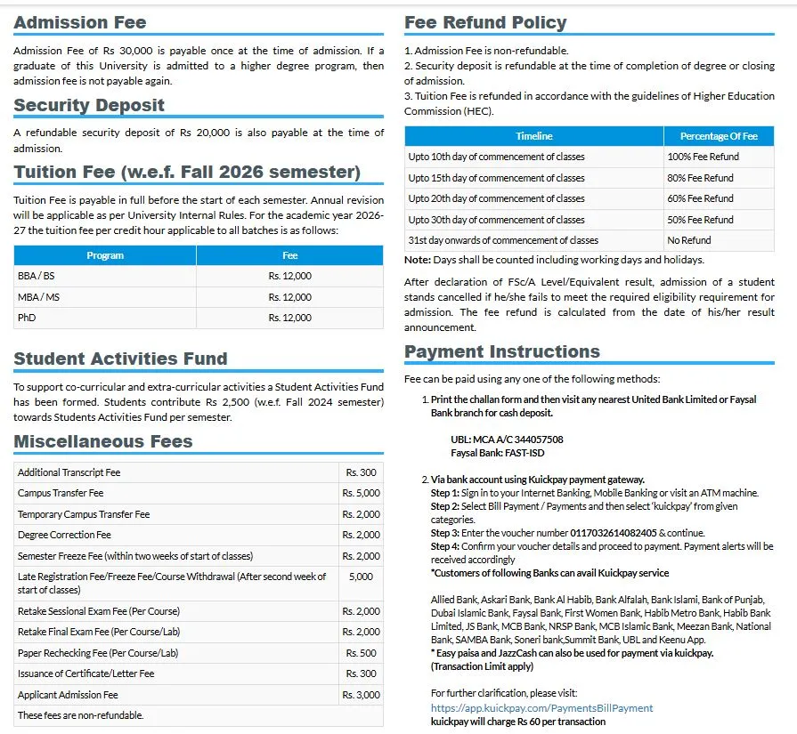 National University of Computer and Emerging Sciences Lahore Campus (FAST NUCES) fee structure for Under Graducate / Graduate Admissions Fall Admissions 2026 National University of Computer and Emerging Sciences Lahore Campus (FAST NUCES) fee structure for Under Graducate / Graduate Admissions Fall Admissions 2026
