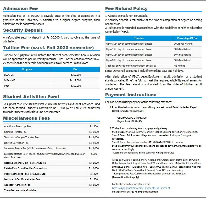 National University of Computer & Emerging Sciences Mulatan Campus fee structure for Under Graducate / Graduate / Post Graduate Programs Fall Admission 2026 National University of Computer & Emerging Sciences Mulatan Campus fee structure for Under Graducate / Graduate / Post Graduate Programs Fall Admission 2026