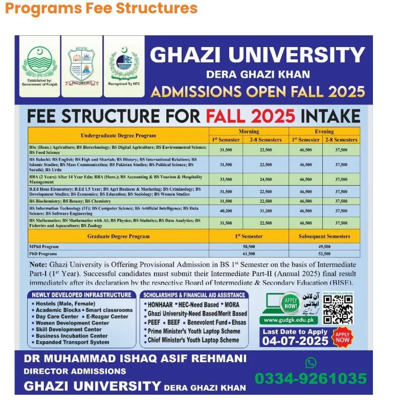 Ghazi University DG Khan (GUDG) fee structure for Under Graducate / Graduate / Post Graduate Programs Fall Admission 2026 Ghazi University DG Khan (GUDG) fee structure for Under Graducate / Graduate / Post Graduate Programs Fall Admission 2026