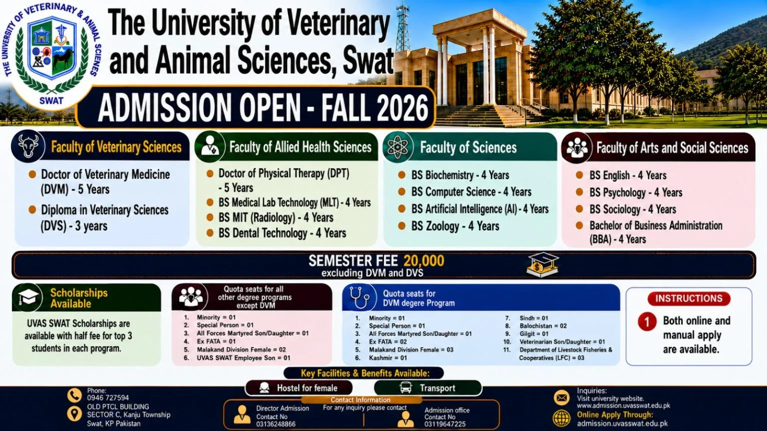 University Of Veterinary and Animal Sciences (UVAS SWAT) fee structure for Undergraduate Programs Fall Admission 2026 University Of Veterinary and Animal Sciences (UVAS SWAT) fee structure for Undergraduate Programs Fall Admission 2026