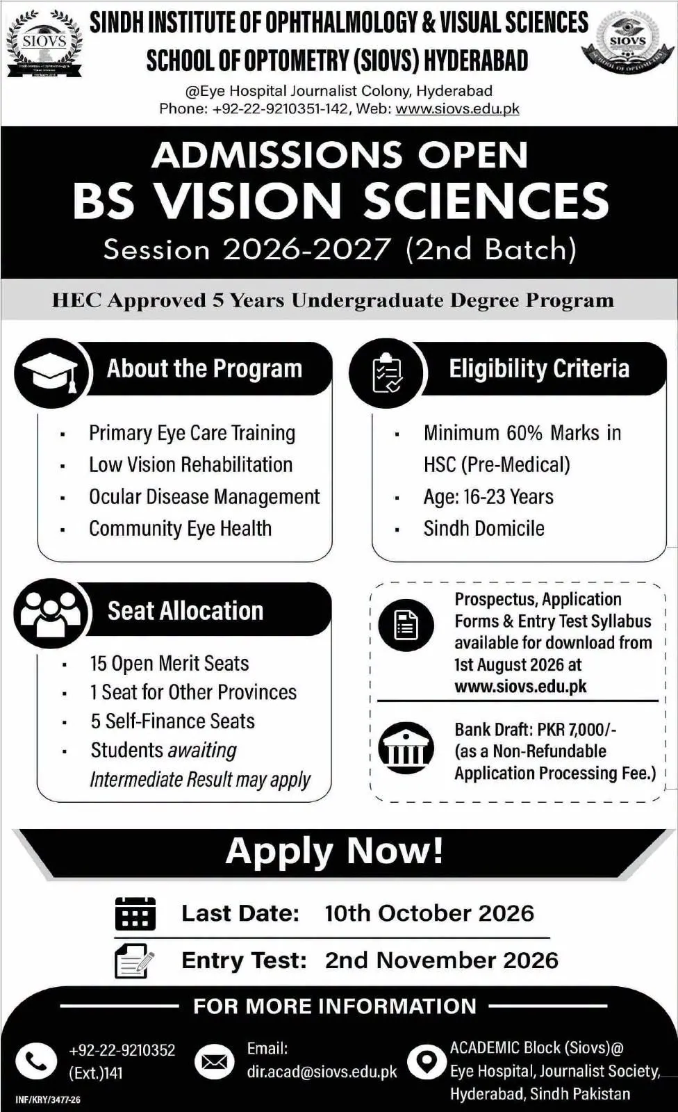 Sindh Institute of Ophthalmology and Visual Sciences  Fee Structure 2026