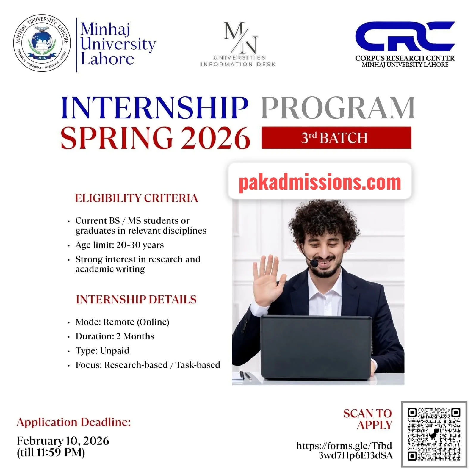 Minhaj University Lahore Internship Program Spring Session Scholarship Information