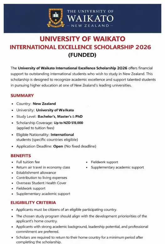 University of Waikato Scholarships for 2026 in New Zealand