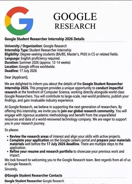 Google Student Researcher Internship Worldwide Opportunity 