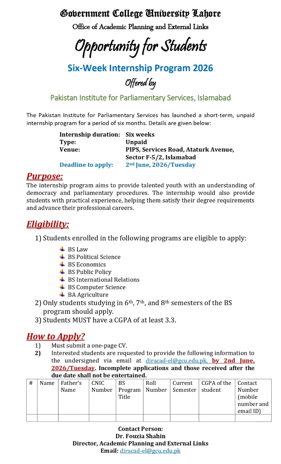 GCU Lahore Internship 2026 opportunity