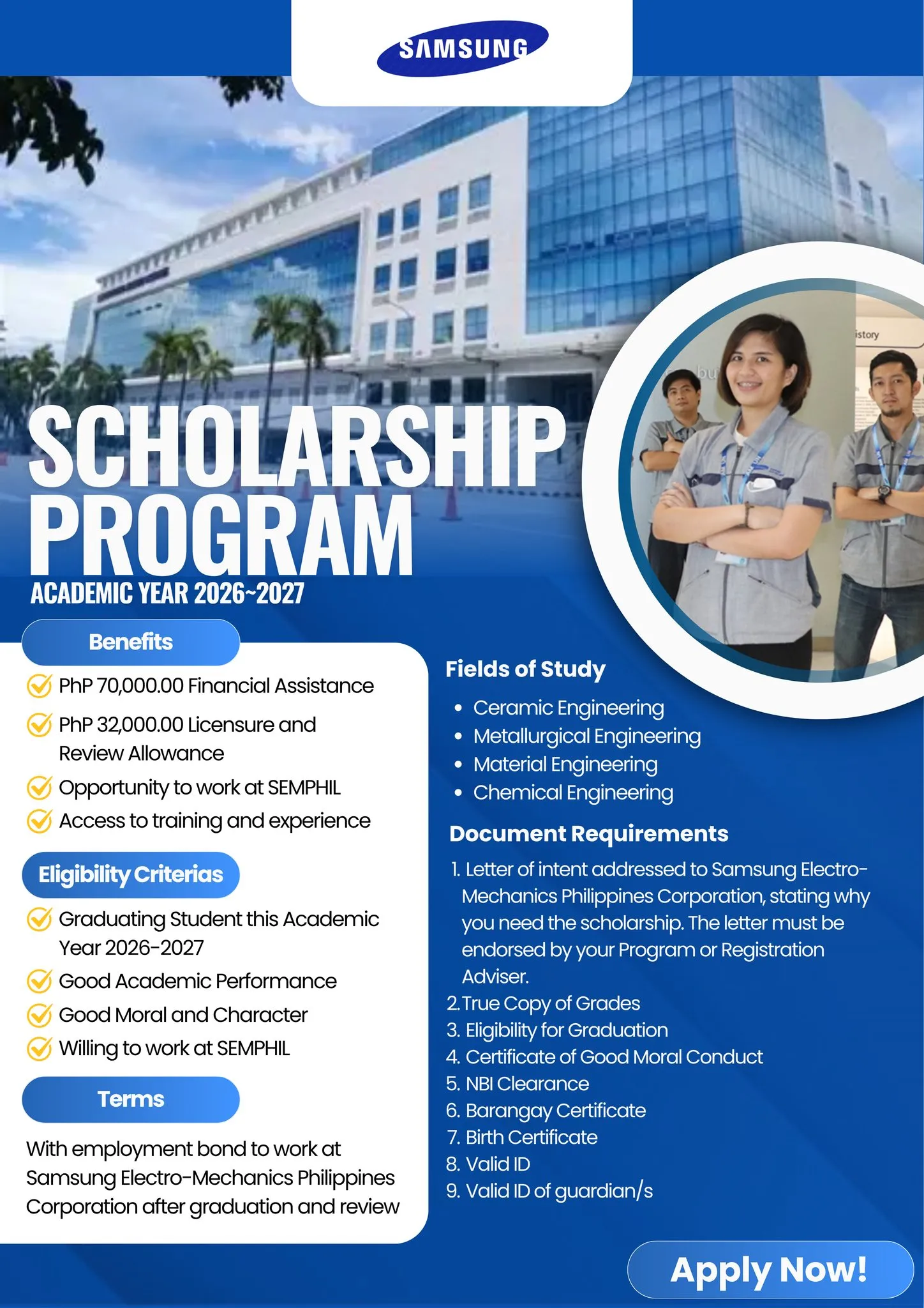 Samsung Electro Mechanics Philippines (SEMPHIL) Scholarship Program  Scholarship Information