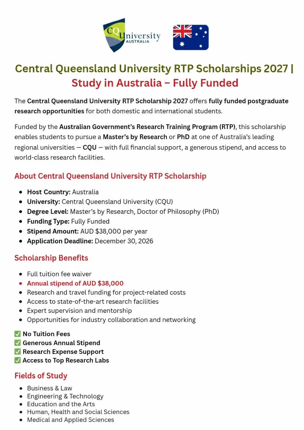 Central Queensland University RTP Scholarships