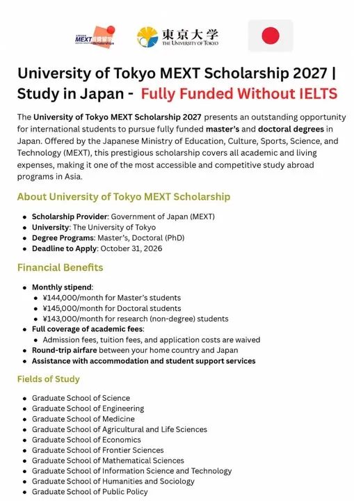 University of Tokyo MEXT Scholarship 2027 in Japan Scholarship Information University of Tokyo MEXT Scholarship 2027 in Japan Scholarship Information