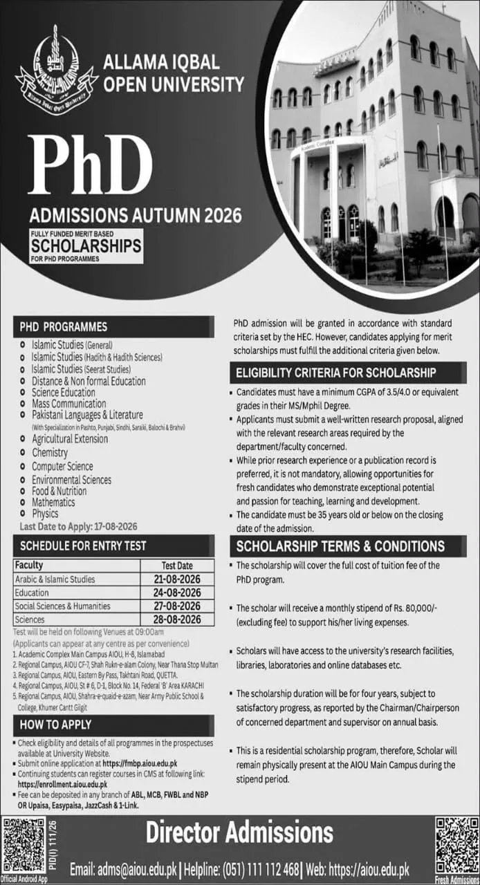 Allama Iqbal Open University (AIOU) PhD Scholarsips Scholarship Information Allama Iqbal Open University (AIOU) PhD Scholarsips Scholarship Information