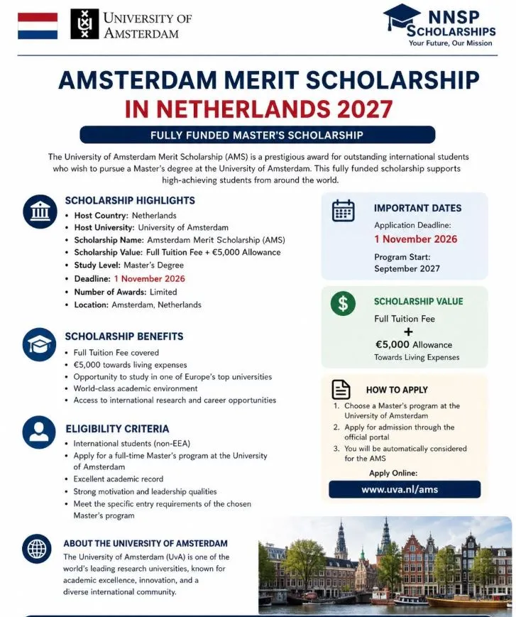 Amsterdam Merit Scholarship 2027 in the Netherlands Scholarship Information Amsterdam Merit Scholarship 2027 in the Netherlands Scholarship Information