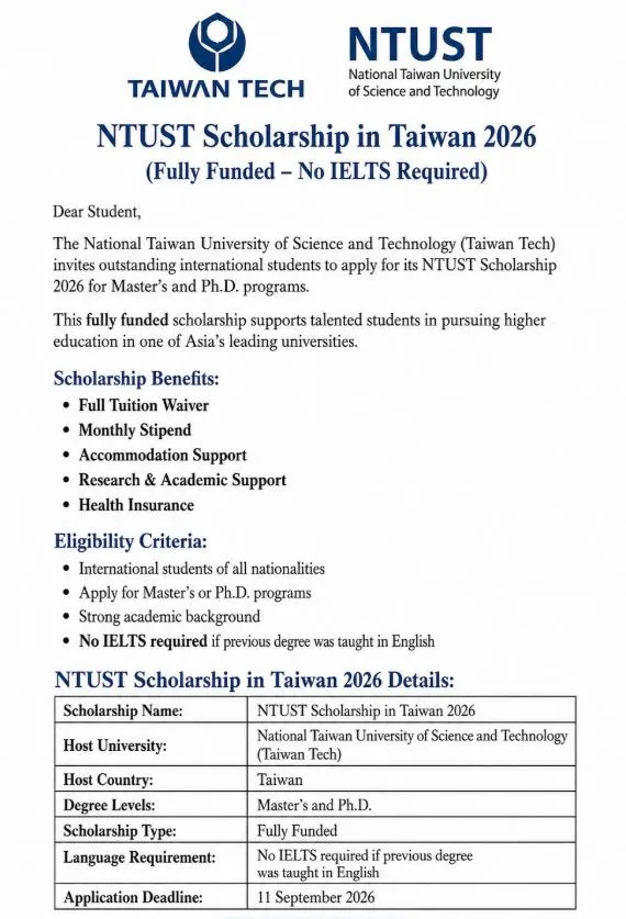 NTUST Scholarship 2026 in Taiwan – Fully Funded without IELTS Scholarship Information