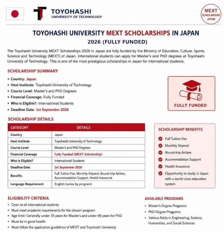 Toyohashi University MEXT Scholarships 2026 in Japan Scholarship Information Toyohashi University MEXT Scholarships 2026 in Japan Scholarship Information