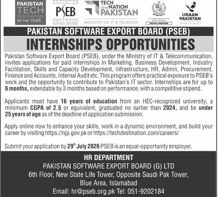Pakistan Software Export Board (PSEB) Paid Internship Scholarship Information Pakistan Software Export Board (PSEB) Paid Internship Scholarship Information