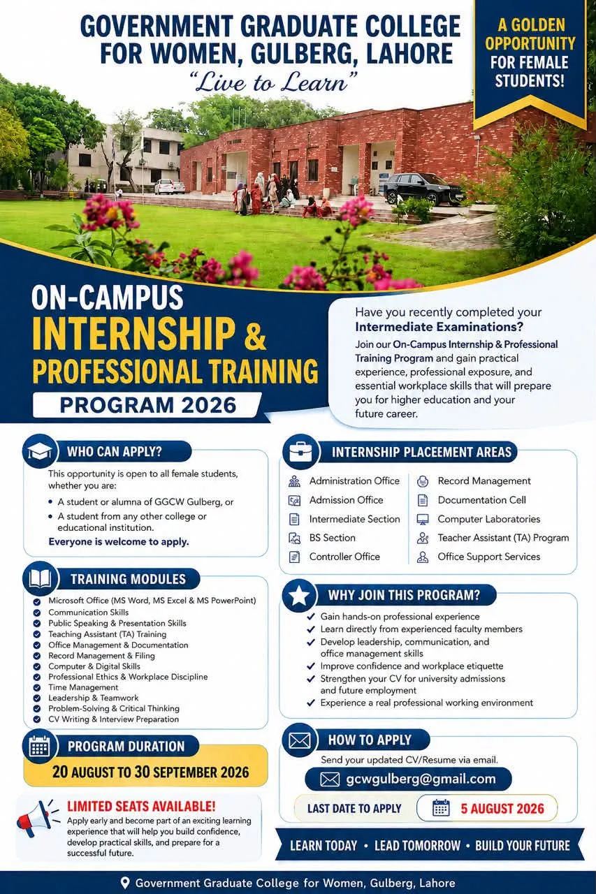 GGCW Gulberg On Campus Internship and Professional Training Program Scholarship Information