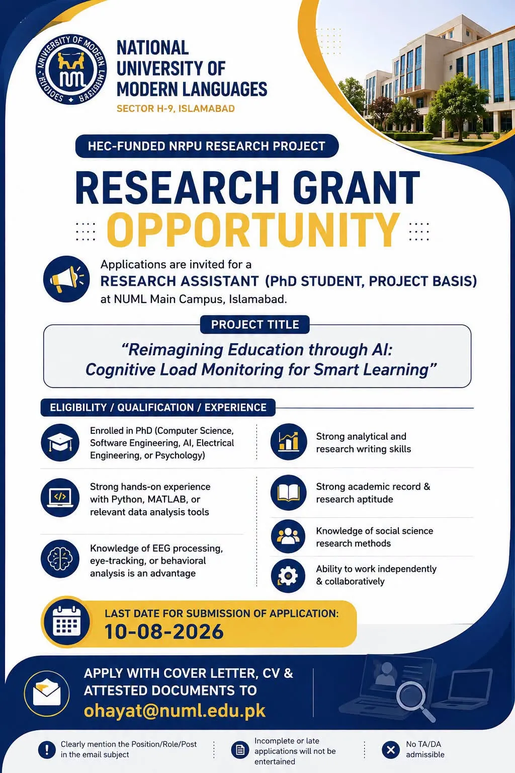 NUML Research Assistant Position HEC-Funded NRPU Research Project Scholarship Information