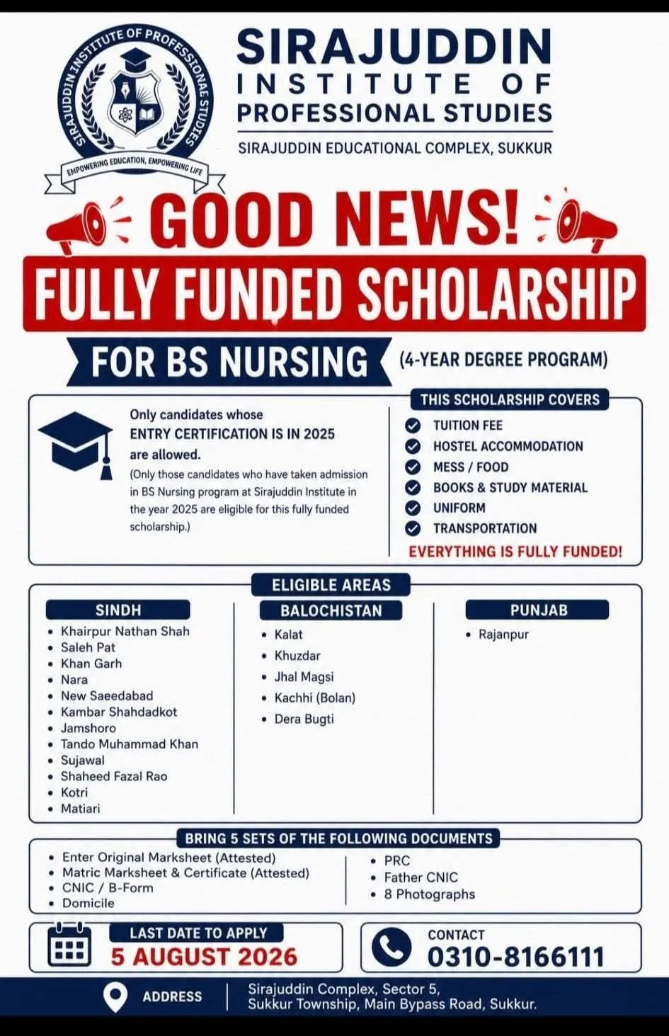 Sirajuddin Institute BS Nursing Fully Funded Scholarship Scholarship Information Sirajuddin Institute BS Nursing Fully Funded Scholarship Scholarship Information