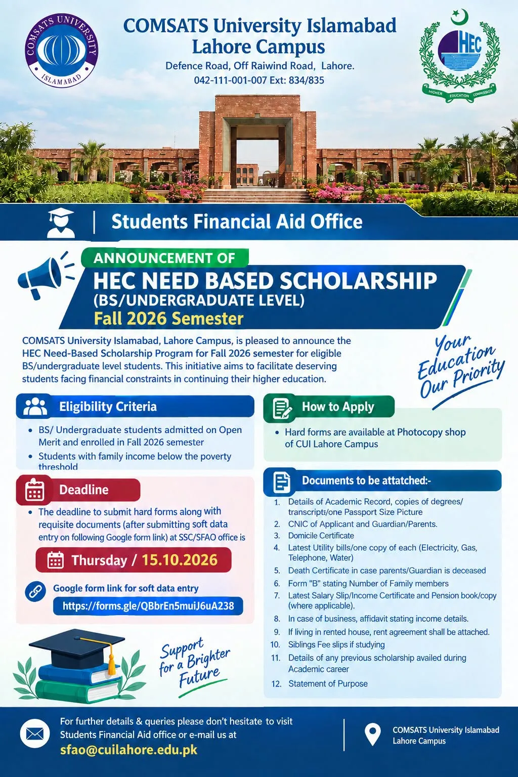 HEC Need-Based Scholarship in COMSATS University Lahore Scholarship Information HEC Need-Based Scholarship in COMSATS University Lahore Scholarship Information